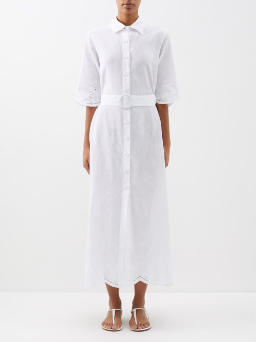 Evi Grintela Valerie Floral-embroidered Belted Linen Midi Dress