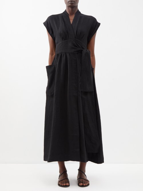 Three Graces London - Clarissa Waist-tie Linen Midi Dress - Womens - Black