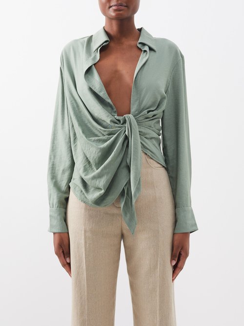 Jacquemus - Bahia Plunge-neck Tie-front Crepe Shirt - Womens - Khaki