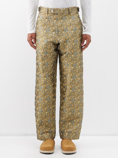 Nicholas Daley - Floral-jacquard Cotton-drill Trousers - Mens - Khaki Multi