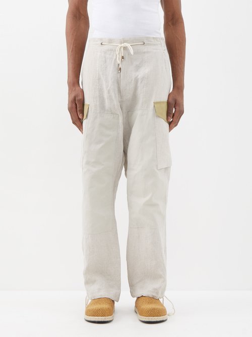 Nicholas Daley - Drawstring-cuff Linen Cargo Trousers - Mens - Oatmeal