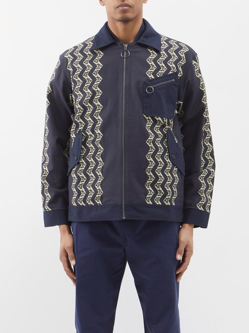 Nicholas Daley - Zipped Zigzag-pattern Cotton Jacket - Mens - Indigo