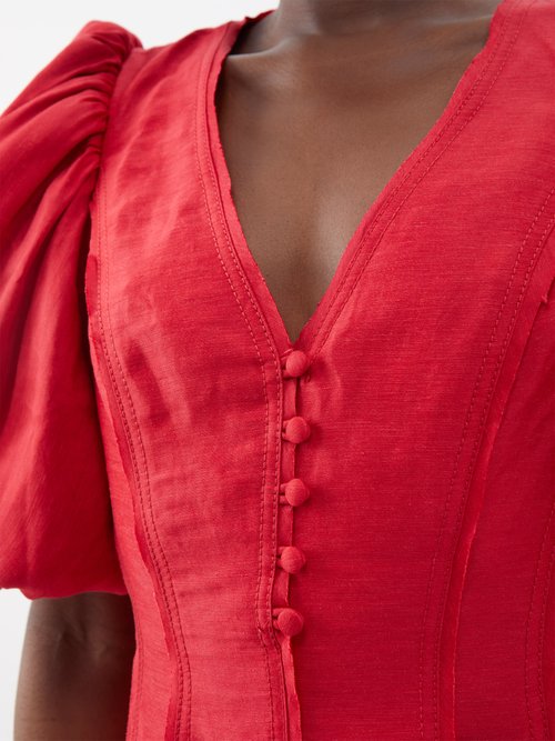 Aje Dusk Puff-sleeve Linen-blend Midi Dress In Red | ModeSens
