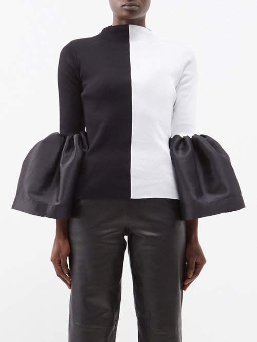 Marques'almeida - Bi-colour Puff-sleeve Organic Cotton-blend Top - Womens - Black White