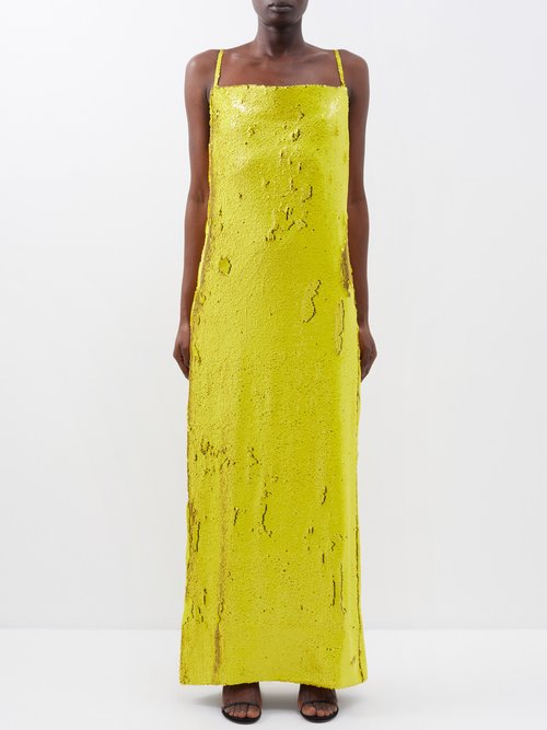 Marques'almeida - Square-neck Sequinned Maxi Dress - Womens - Yellow
