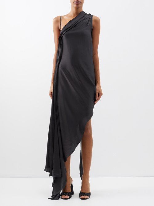 Marques'almeida - Asymmetrical Satin Midi Dress - Womens - Black