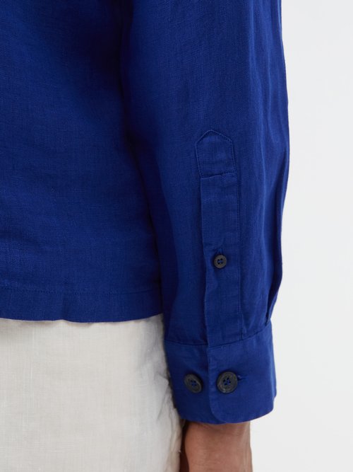 120% Lino Cuban-collar Flap-pocket Linen Shirt In Navy | ModeSens