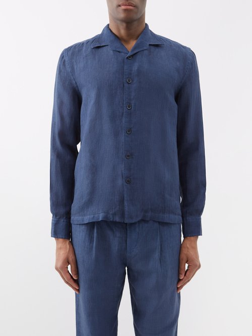 120% Lino Cuban-collar Linen Shirt In Navy | ModeSens