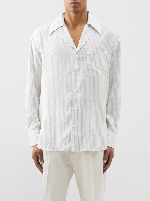 Giuliva Heritage - Giovanni Geometric-stripe Silk Shirt - Mens - Light Blue