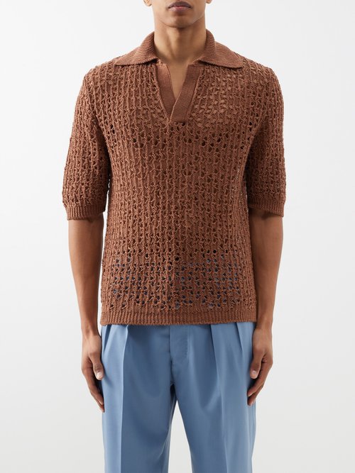 Giuliva Heritage - Alain Open-work Linen Polo Shirt - Mens - Brown