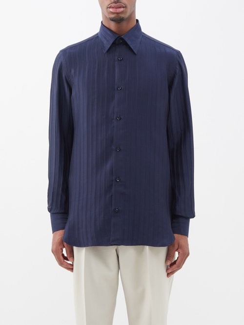 Giuliva Heritage - Luigi Stripe-jacquard Silk Shirt - Mens - Navy