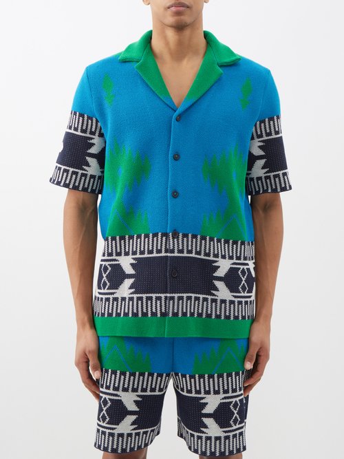 Alanui - Geometric-jacquard Cotton-piqué Shirt - Mens - Blue Multi