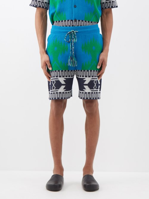 Alanui - Geometric-jacquard Cotton-blend Piqué Shorts - Mens - Blue Multi