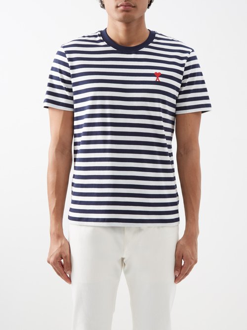 Ami - Ami De Caur-logo Striped Cotton-jersey T-shirt - Mens - Navy Stripe