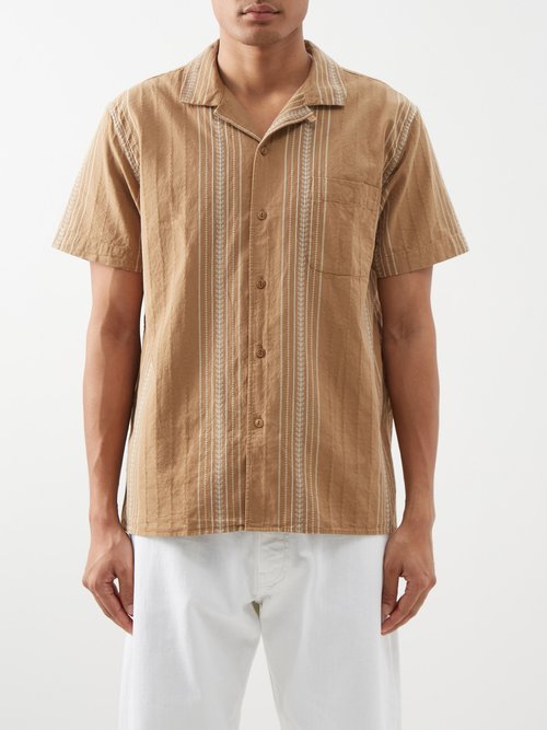YMC - Malick Stripe-jacquard Cotton Shirt - Mens - Brown