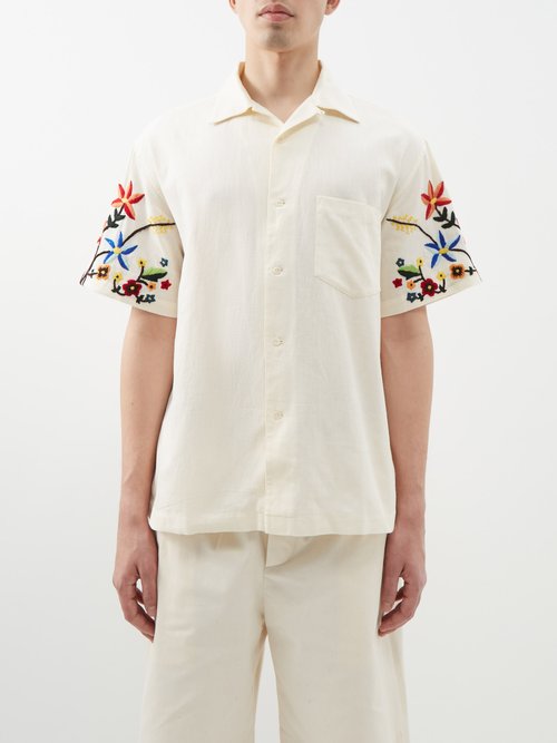 YMC - Idris Floral-embroidered Cotton-blend Shirt - Mens - Cream Multi