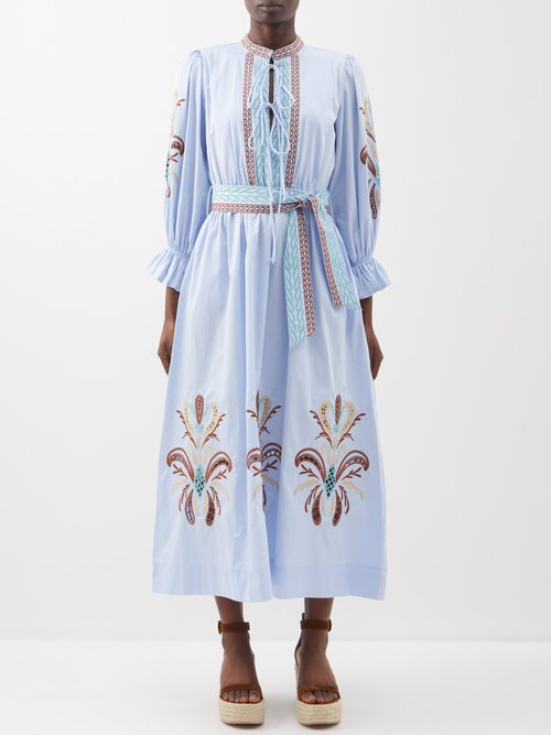 Lug Von Siga Florence Belted Embroidered-cotton Midi Dress In Blue Multi
