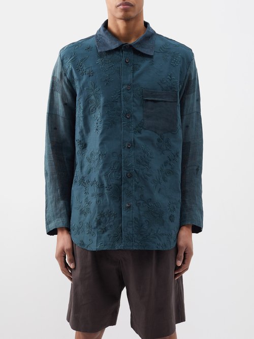 By Walid - James Embroidered 1920s Linen Shirt - Mens - Khaki