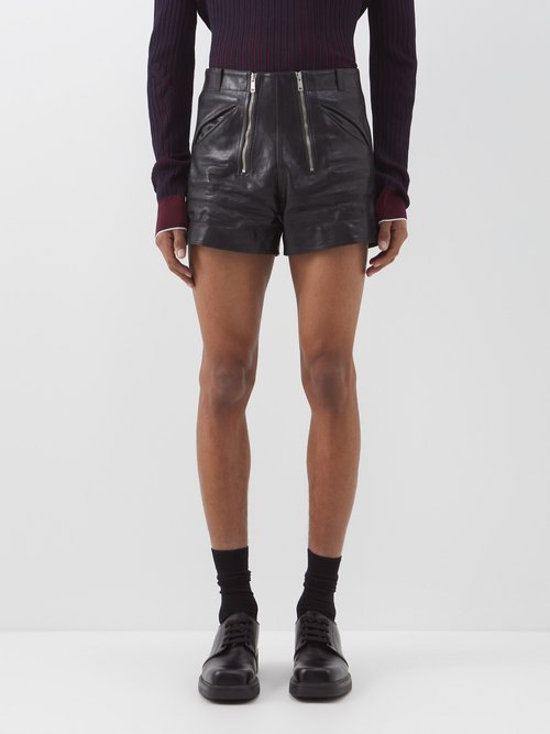Prada - Double-zip Leather Shorts - Mens - Black