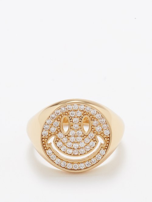 Joolz by Martha Calvo Smiley Crystal & 14kt Gold-plated Signet Ring