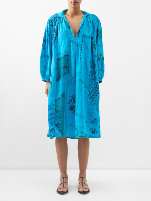 By Walid Valerie Vintage Patchworked Linen Midi Dress In Bright Blue