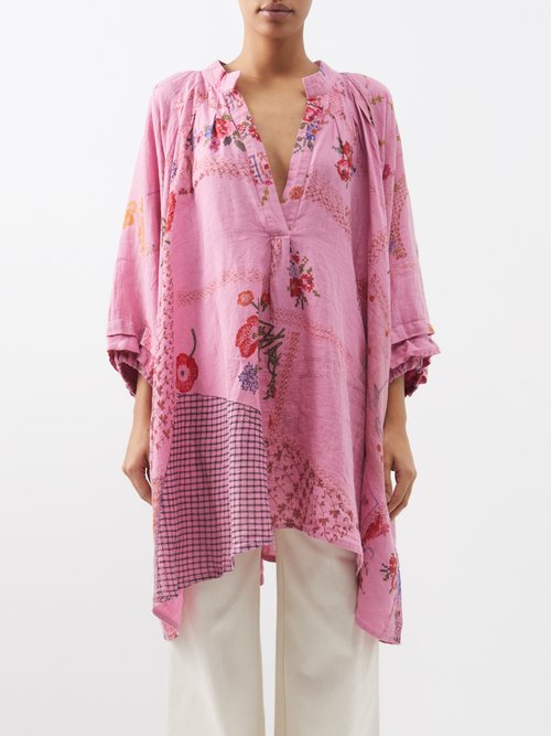 By Walid - Harper Patchwork Vintage-linen Tunic - Womens - Pink