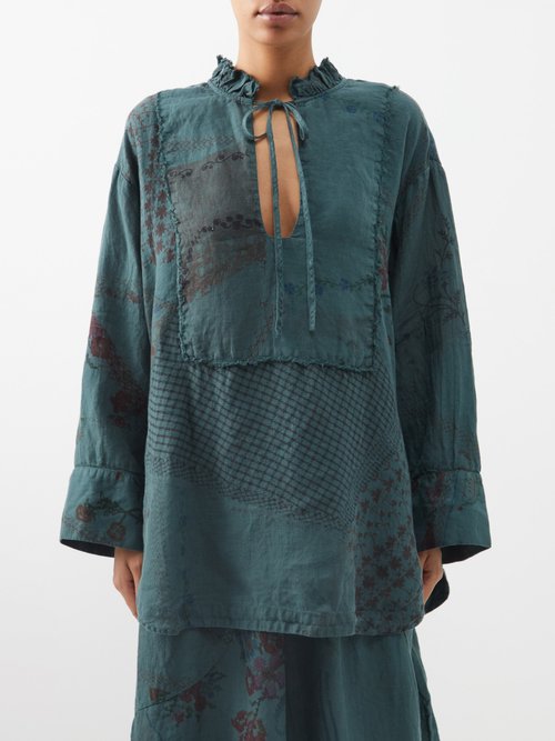 By Walid Marnie Patchworked Vintage-linen Tunic In Dark Green
