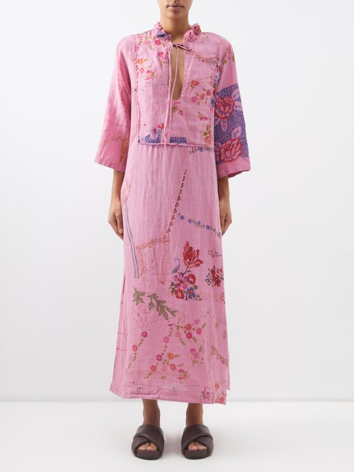 By Walid Lee Patchwork Vintage-linen Dress In Pink