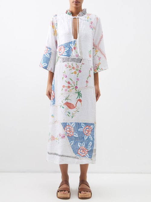 By Walid Lee Patchwork Vintage-linen Dress In Natural
