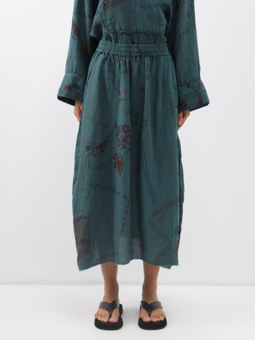 By Walid Nadia Patchwork Vintage-linen Midi Skirt In Dark Green