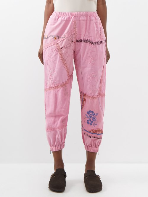 By Walid Upcycled Floral-embroidered Linen Cropped Trousers In Pink