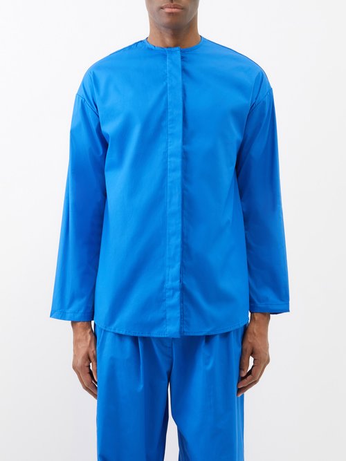 Albus Lumen Collarless Cotton-poplin Shirt In Blue