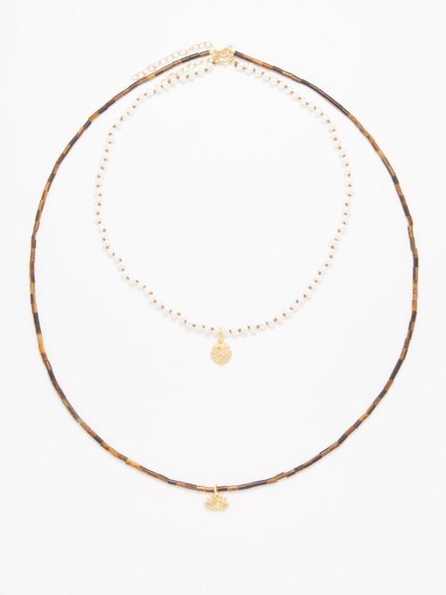 Hermina Athens Tiger's Eye, Pearl & Gold-plated Necklace In Gold Multi