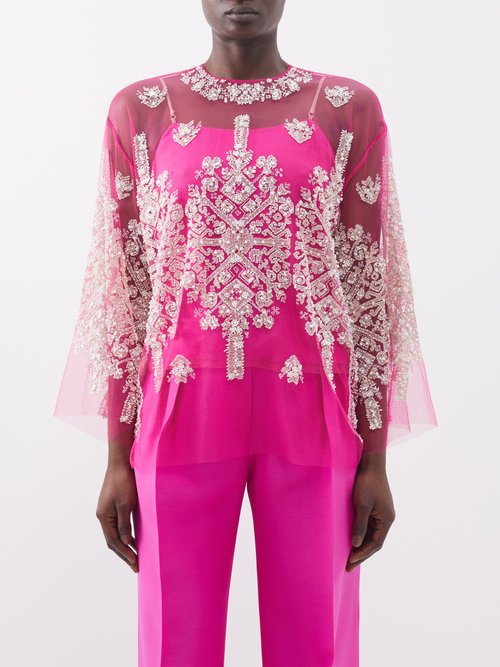 Biyan – Safira Bead-embroidered Sheer Tulle Blouse – Womens – Pink