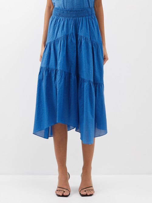 Frame Gathered-seam Midi Skirt In Cornflower Blue