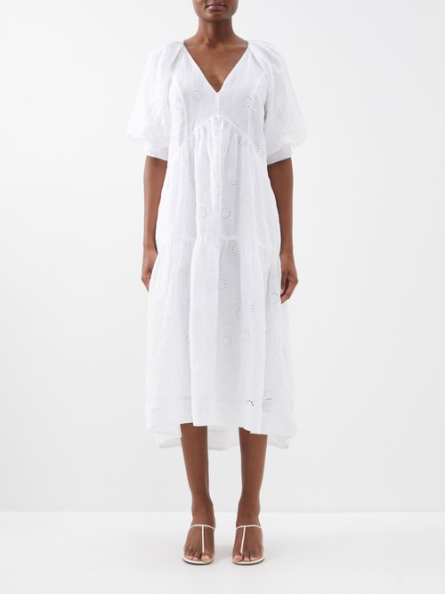 Frame Puff Sleeve Eyelet Midi Dress In Blanc