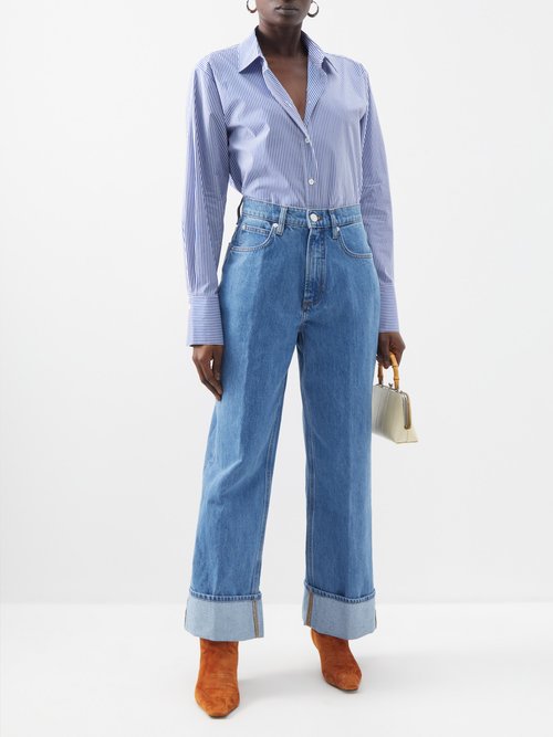 High Rise Wide-leg Rolled Jeans In Blue