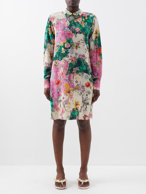 Mary Katrantzou Sequin And Floral-print Longline Silk Shirt