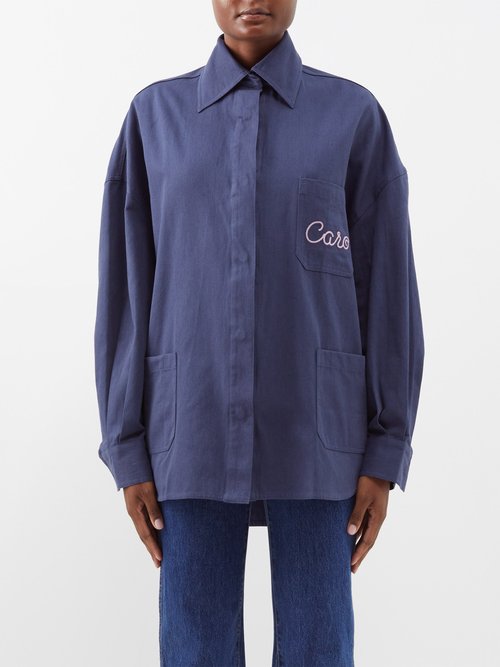 Caro Editions - Betty Oversized Logo-embroidered Cotton Overshirt - Womens - Dark Blue