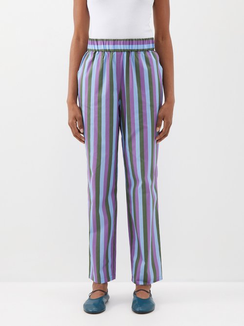 Caro Editions - Fleur Elasticated-waist Striped Cotton Trousers - Womens - Blue Multi