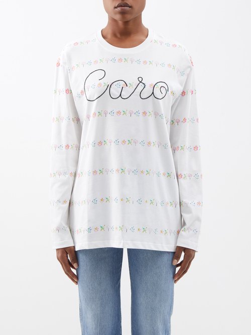 Caro Editions - Willie Floral Organic-cotton Long-sleeved T-shirt - Womens - White Multi