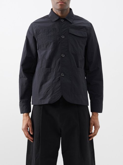 Oliver Spencer Hythe Patch-pocket Crinkled-shell Overshirt In Black