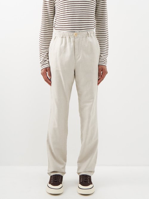 Oliver Spencer Drawstring Herringbone Linen-blend Trousers In Neutrals