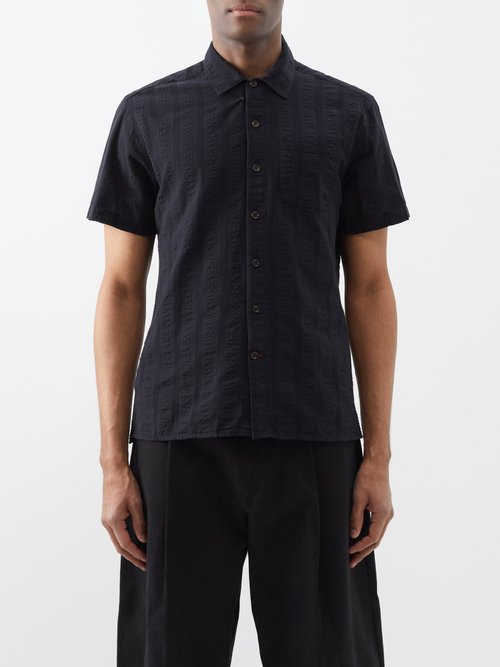 Oliver Spencer Riviera Organic Cotton-seersucker Shirt In Black