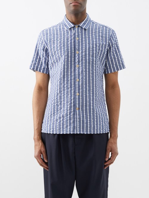 Oliver Spencer Striped Cotton-seersucker Shirt In Blue