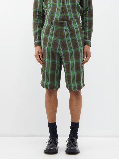 3man - Deck Check-linen Shorts - Mens - Green Multi
