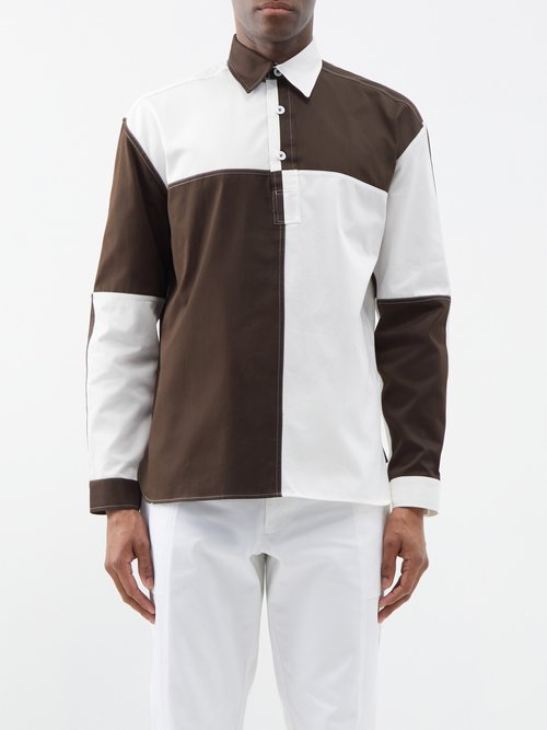 3man - Colour-blocked Cotton Shirt - Mens - Brown White