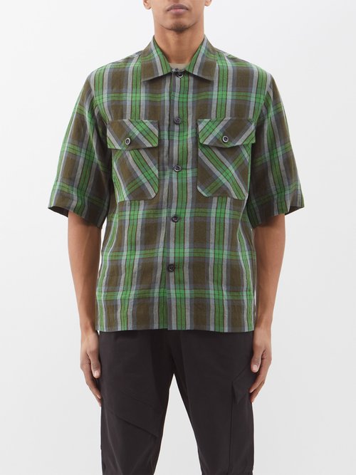 3man - Highland Checked-linen Shirt - Mens - Green Multi