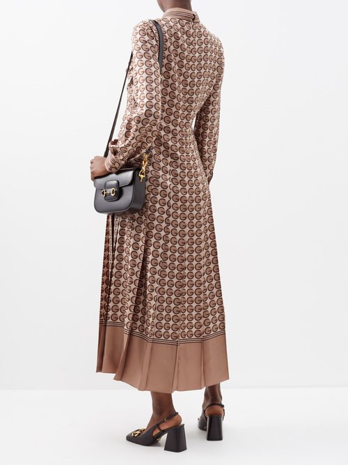 Round G print silk dress in light brown and ivory
