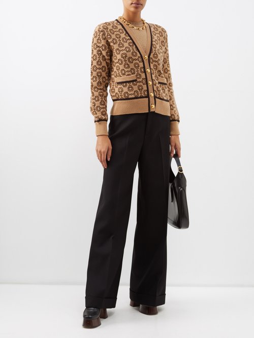 Gucci - Horsebit-chain Jacquard Wool-blend Cardigan - Womens - Brown Multi